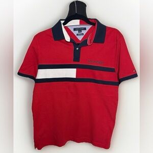 Tommy Hilfiger Polo Shirt Mens Small Red Colorblock Custom Fit Logo Short Sleeve